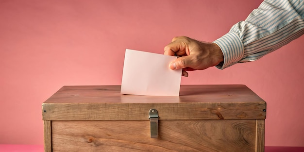 A hand placing an absentee ballot into an official ballot drop box, with a sign indicating it is for the upcoming election. The setting should be a secure and accessible location.