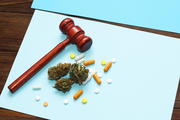 A gavel resting on a stack of prescription drug leaflets, symbolizing the authority and legal power being used to regulate drug prices.