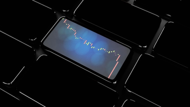 A close-up of a smart phone displaying a stock trading app with various charts and graphs. The background includes blurred images of a busy office environment, suggesting active management of HSA investments.