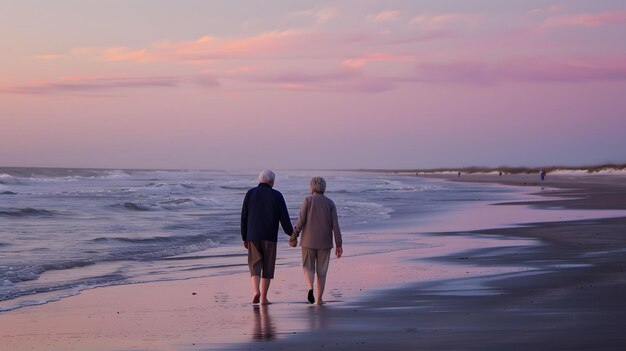 A serene image of elderly couple walking hand-in-hand on a beach at sunset. The image symbolizes a comfortable and financially secure retirement, emphasizing the importance of planning for healthcare costs.