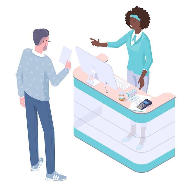 A person handing over a copay at a doctor's office reception desk, illustrating the point-of-service payment for healthcare.