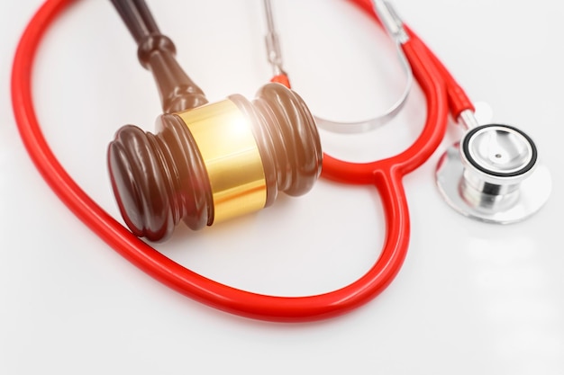 A gavel hitting a sound block, symbolizing legal protection and fairness in healthcare billing. The image should be clean and professional, conveying authority and justice.