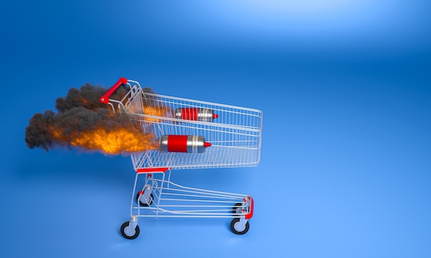 A split image contrasting a full shopping cart from a year ago with a sparsely filled one today, highlighting the impact of inflation on purchasing power.