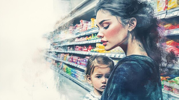 A split image showing families struggling to afford food on one side and a well-stocked grocery store on the other, symbolizing the need for SNAP benefits.