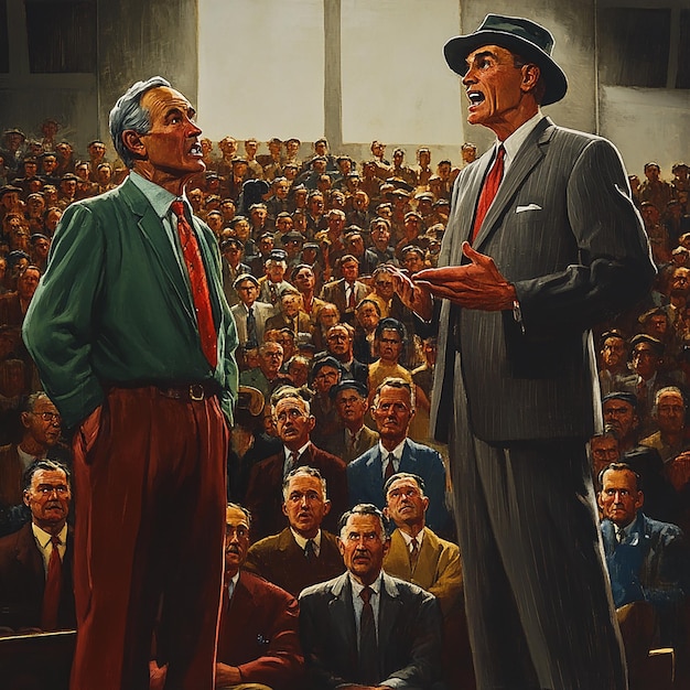 An illustration depicting the Founding Fathers debating the Constitution, highlighting the challenge of balancing the power of populous states with less populated states.