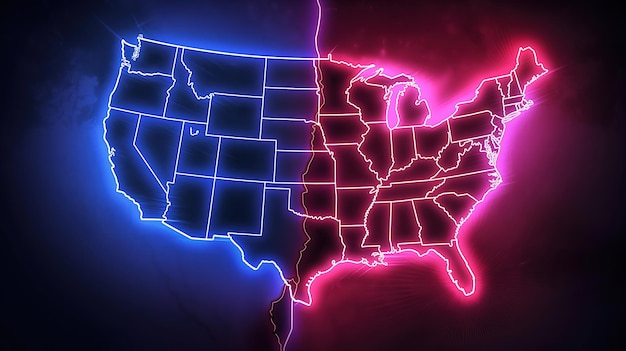A map of the United States, with each state colored red or blue to represent which political party typically wins the state's electoral votes. Swing states are highlighted in purple.