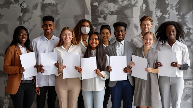 A diverse group of people in professional attire, representing various public service jobs. They are smiling and holding documents related to loan forgiveness, symbolizing hope and relief.