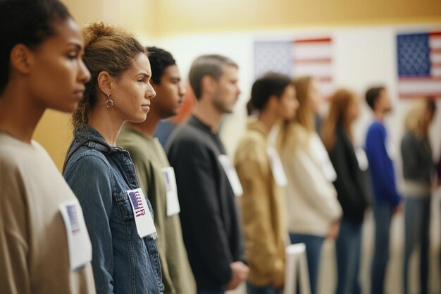A diverse group of people standing in line at a polling station, with some holding up their IDs for verification, showcasing the voting process and the diverse electorate.